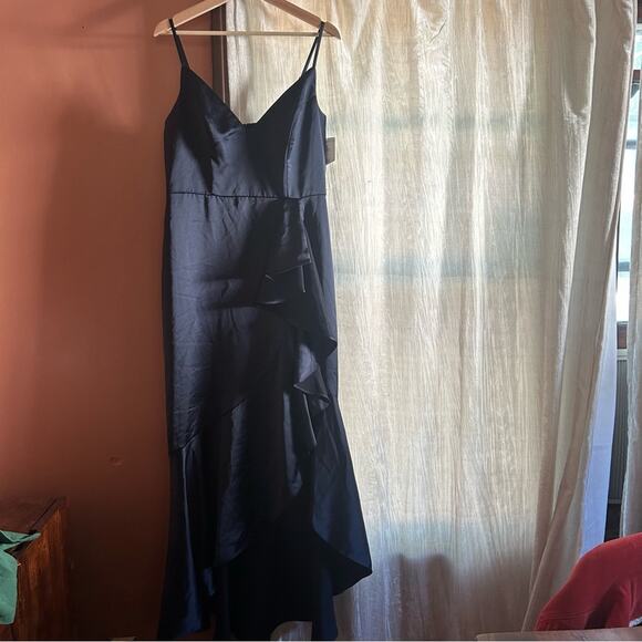 Xscape Satin Ruffle Dress Navy Blue Hi Low Maxi Formal Gown Sleeveless NWT Sz 12 - Picture 4 of 8